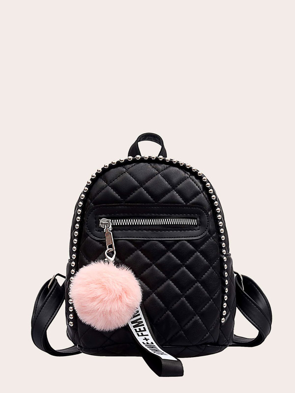 Pom Pom Decor Quilted Backpack - Click Image to Close